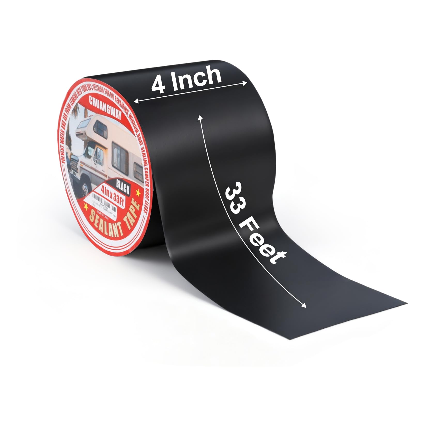 RV Roof Tape Black, 4" x 33' Automotive Butyl Sealant Tape for Processing, UV Resistant, Waterproof, Used for RV Roofs, Campervans, Trailers, Boat Seal Leak Repairs, Windows, Headlights, Windshields