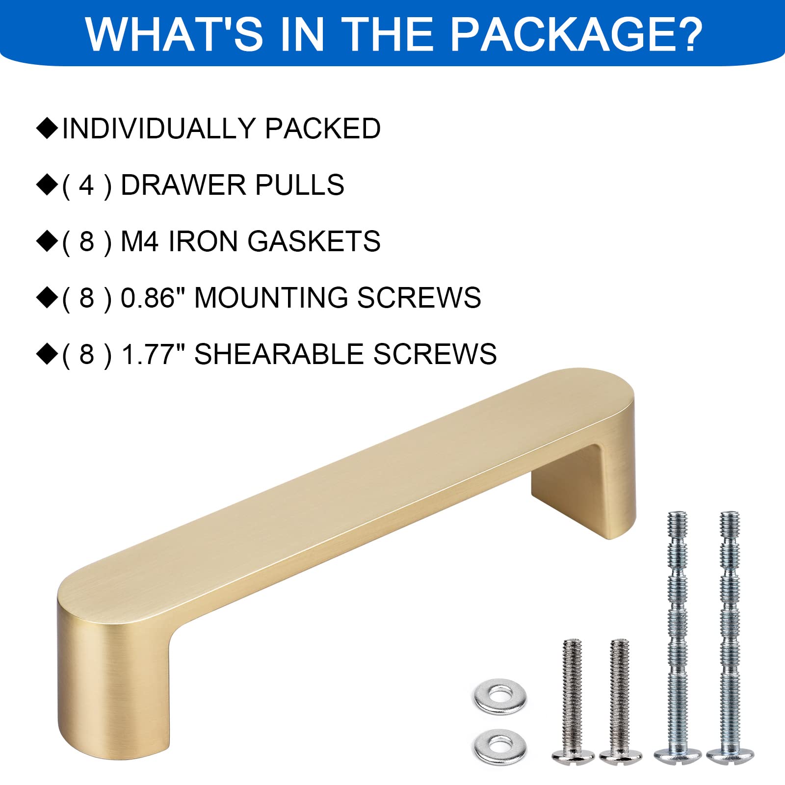 WEAVERBIRD 4 Pack Brushed Brass Cabinet Handles Drawer Pulls Furniture Cabinet Hardware Cupboard Closet Gold Handles Pulls, 3-3/4 inch (96mm) Hole Distance