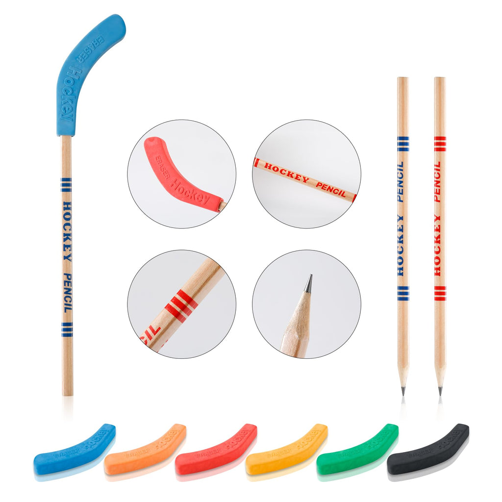 Yeetec 24 Pieces Hockey Pencils Stick Pencil with Erasers for Party Bag Fillers Hockey Themed Party Favors Reward Gifts and School Prizes