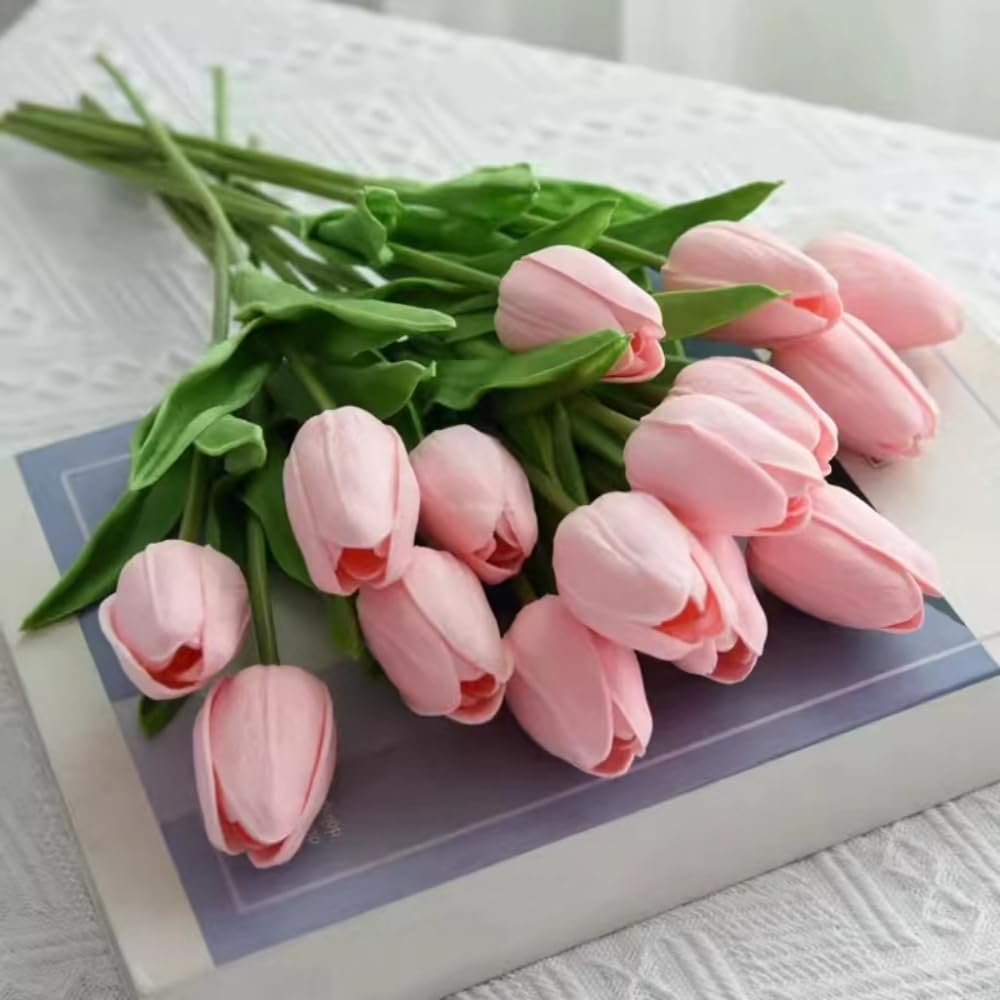 20PCS Artificial Tulips Real Touch PU Fake Tulips Flower Arrangement Bouquets for Home Party Decoration Holiday (Pink)