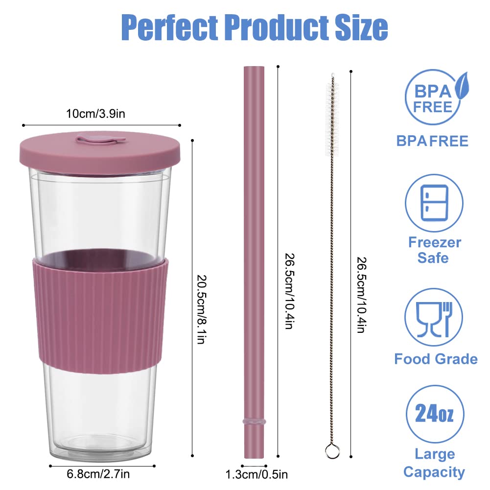 UHAPEER 2 Pack Reusable Boba Tea Cups, 24oz Iced Coffee Cup with Straw and Lid, Leakproof Clear Plastic Cups Tumbler, Double Wall Insulated Smoothie Tumbler, Wide Straw for Bubble Tea, Pink and Bule