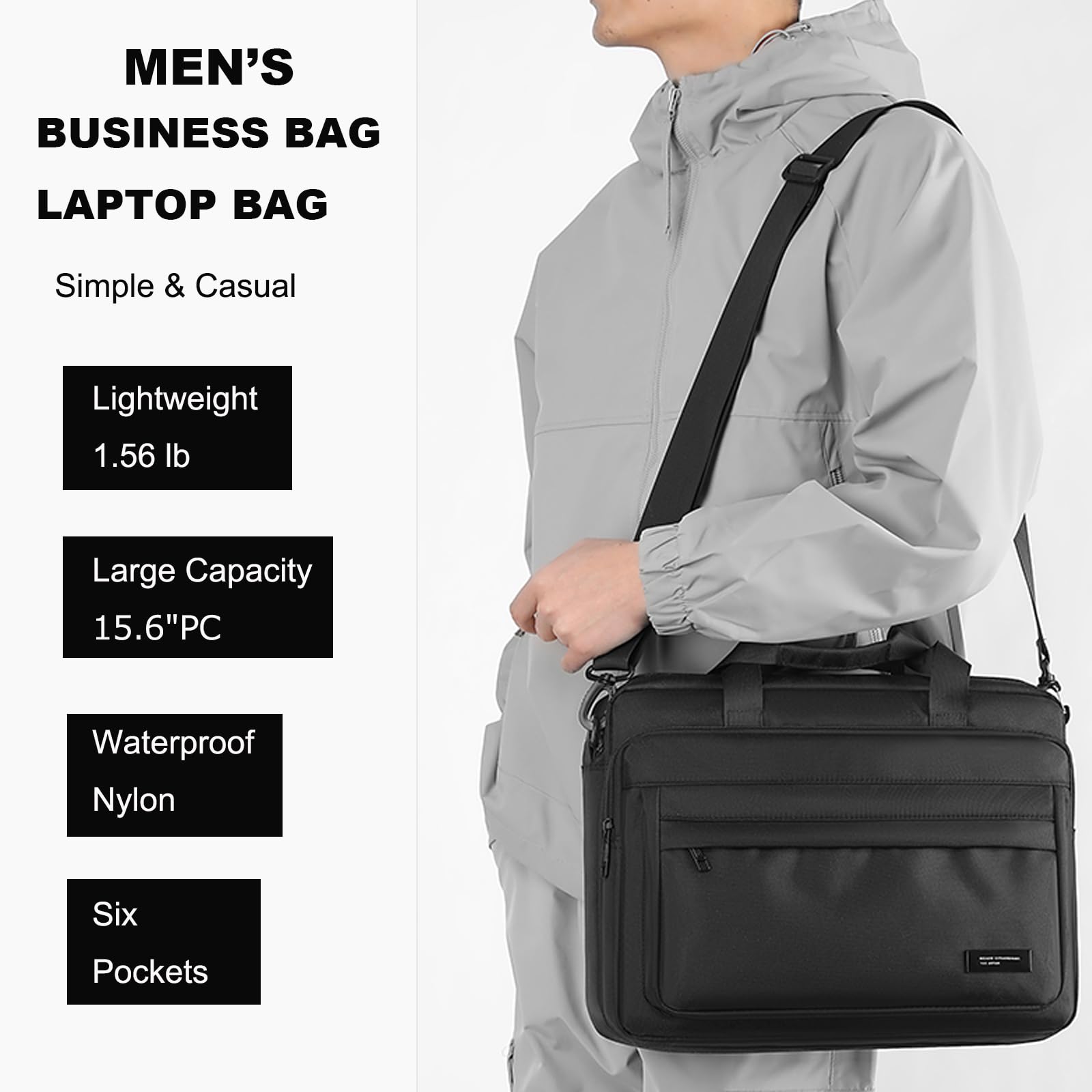 Laptop Bag 15.6 Inch Briefcase for Men Women Waterproof Nylon Lightweight, Shoulder Computer Messenger Handbag for Business Office Work Travel College Black