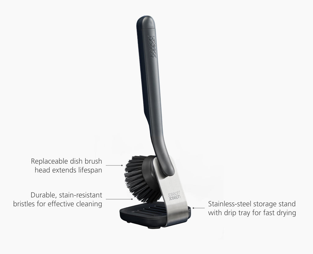 Joseph Joseph SinkTech Dish Brush with Stainless-Steel Storage Stand, Durable Bristles, Pan Scraper, Replaceable Head
