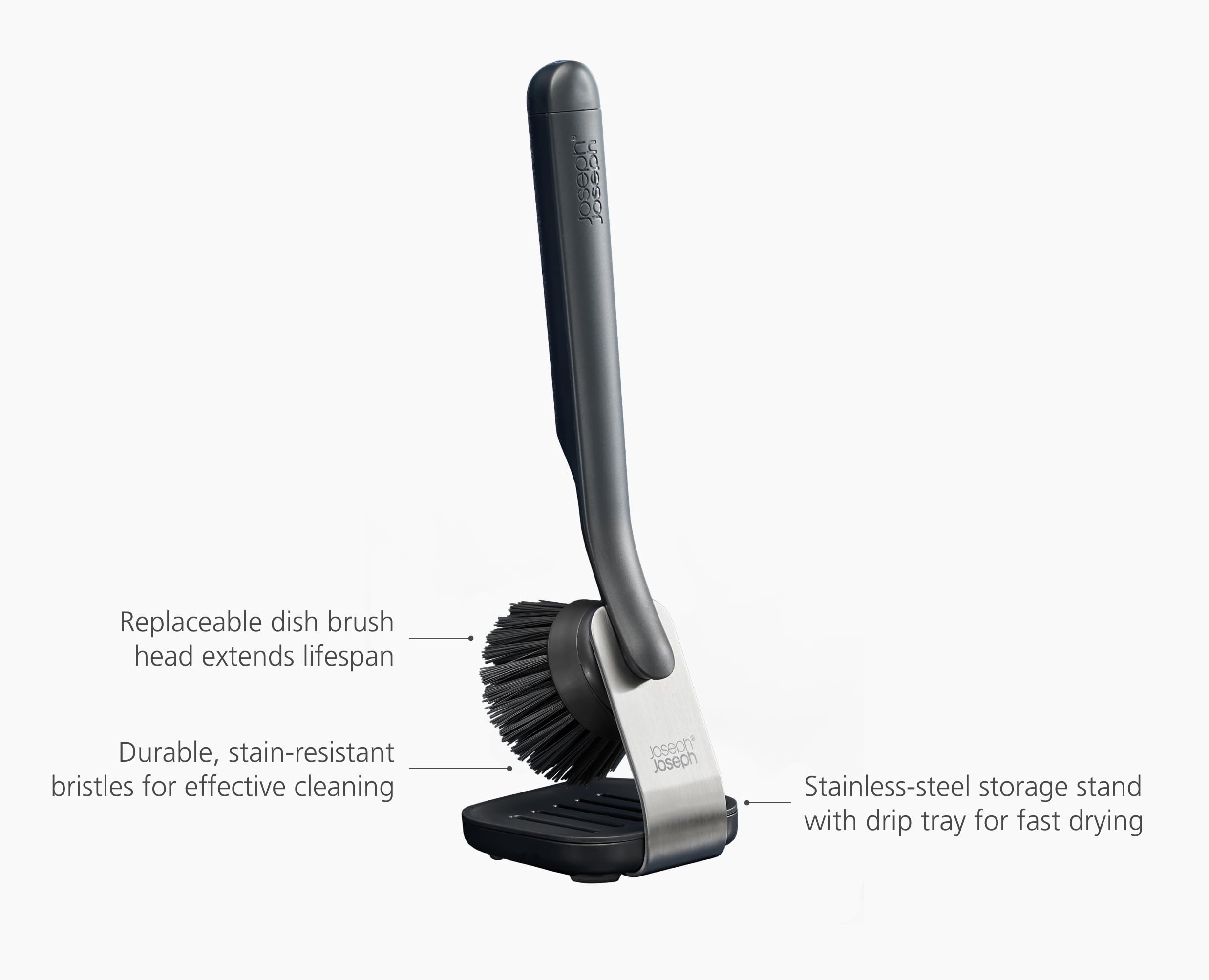 Joseph Joseph SinkTech Dish Brush with Stainless-Steel Storage Stand, Durable Bristles, Pan Scraper, Replaceable Head