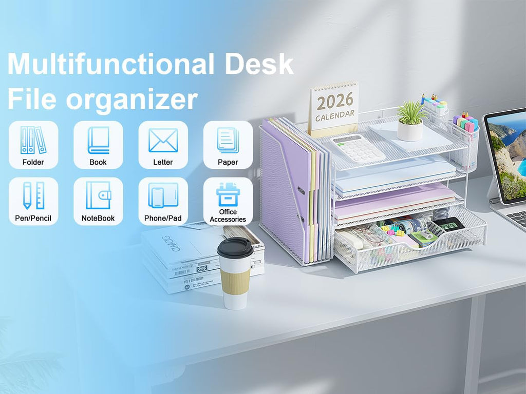 Desk Organizer with File Holder, 4-Tier Paper Tray with Drawer and 2 Pen Holders, Mesh Office Desk Accessories with Magazine File Holder, Desk Tidy for Office Supplies (White)