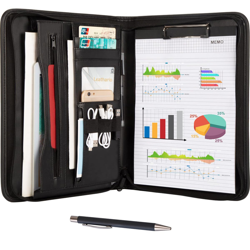 Leathario Portfolio, A4 Padfolio with Notepad, Vegan Leather Document Holder Organizer, Business Leather Folder with Pockets for Tablets Notepads Files, Office Supplies