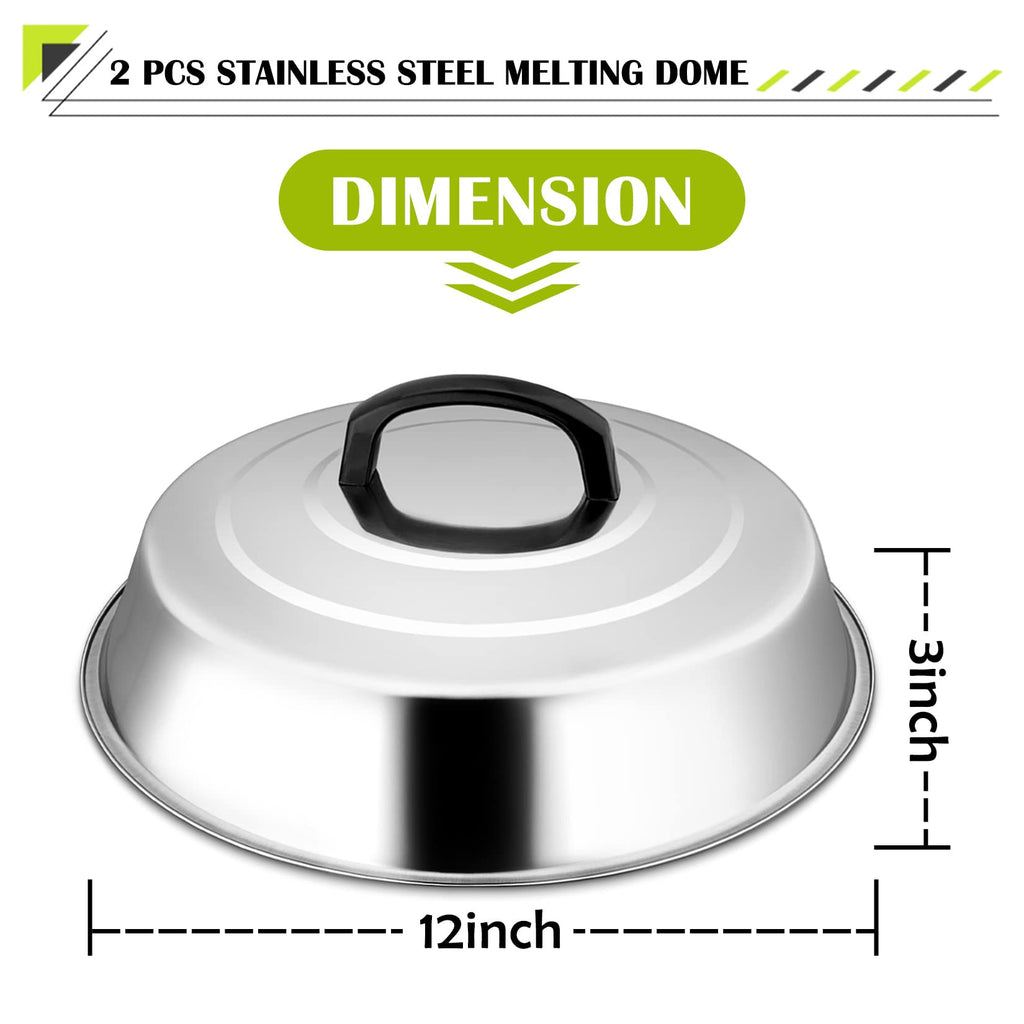 12 Inch Cheese Melting Dome Set of 2, Joyfair Basting Cover for Griddle Grilling Outdoor Camping/Flat Top Teppanyaki, Stainless Steel Lids with Heat-Proof Handle, Dishwasher Safe
