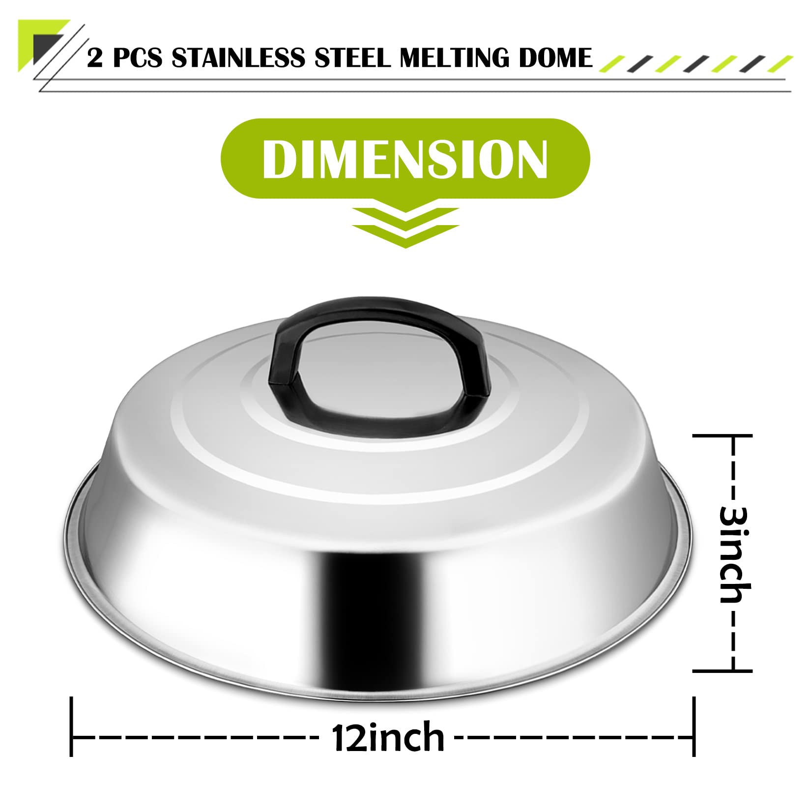 12 Inch Cheese Melting Dome Set of 2, Joyfair Basting Cover for Griddle Grilling Outdoor Camping/Flat Top Teppanyaki, Stainless Steel Lids with Heat-Proof Handle, Dishwasher Safe