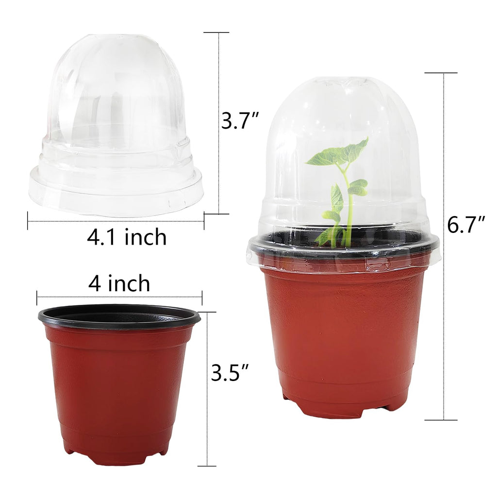 Plant Nursery Pots with Humidity Domes, 25 Sets 4 Inch Soft Nursery Pots Quality Ones (25 Red Pots + 25 Clear Lids), Seeds Starter Pots Small Planter Containers