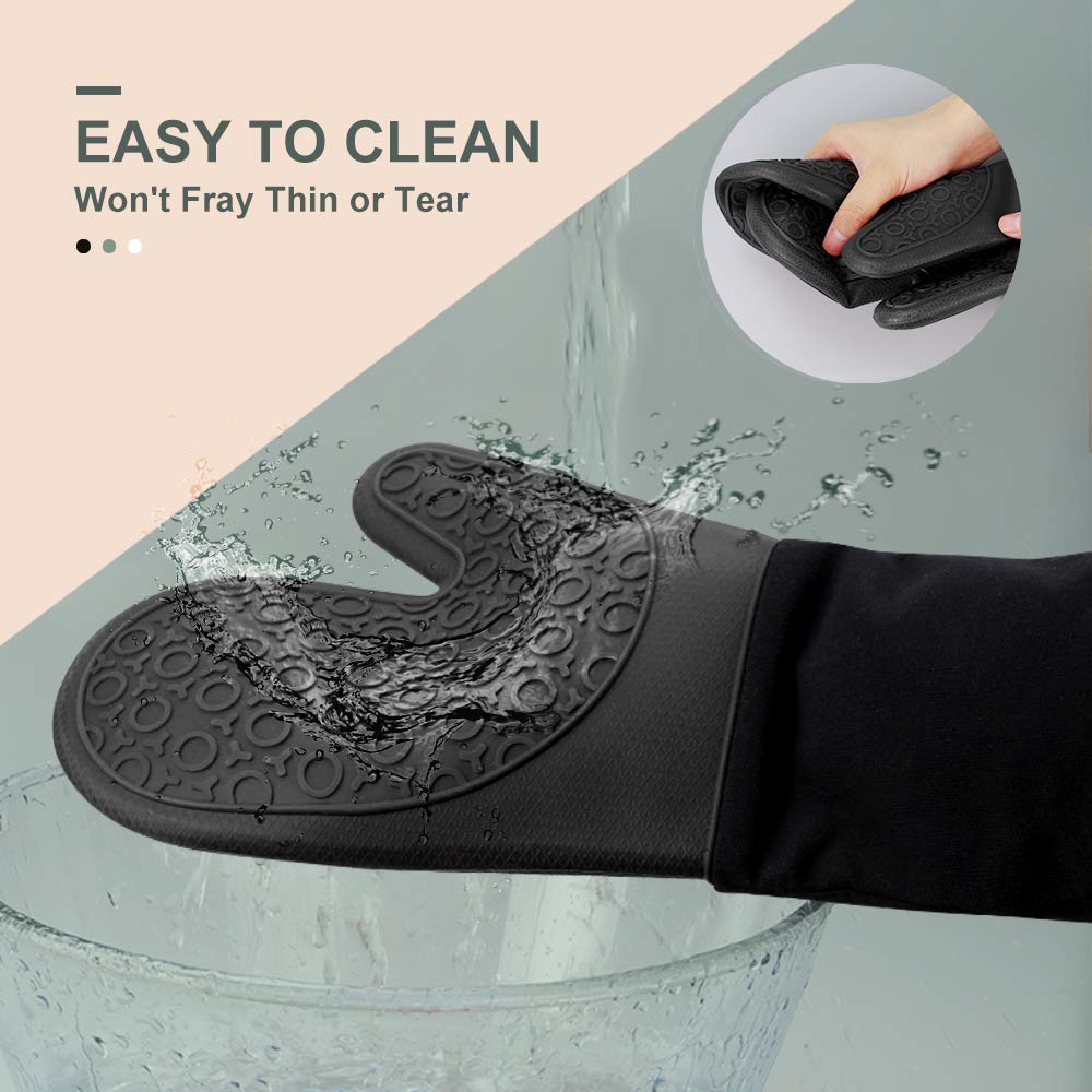 Sungwoo Extra Long Silicone Oven Mitts, Heat Resistant Oven Gloves with Quilted Liner Non-Slip Textured Grip Perfect for BBQ, Baking and Grilling - 14.6 Inch Black