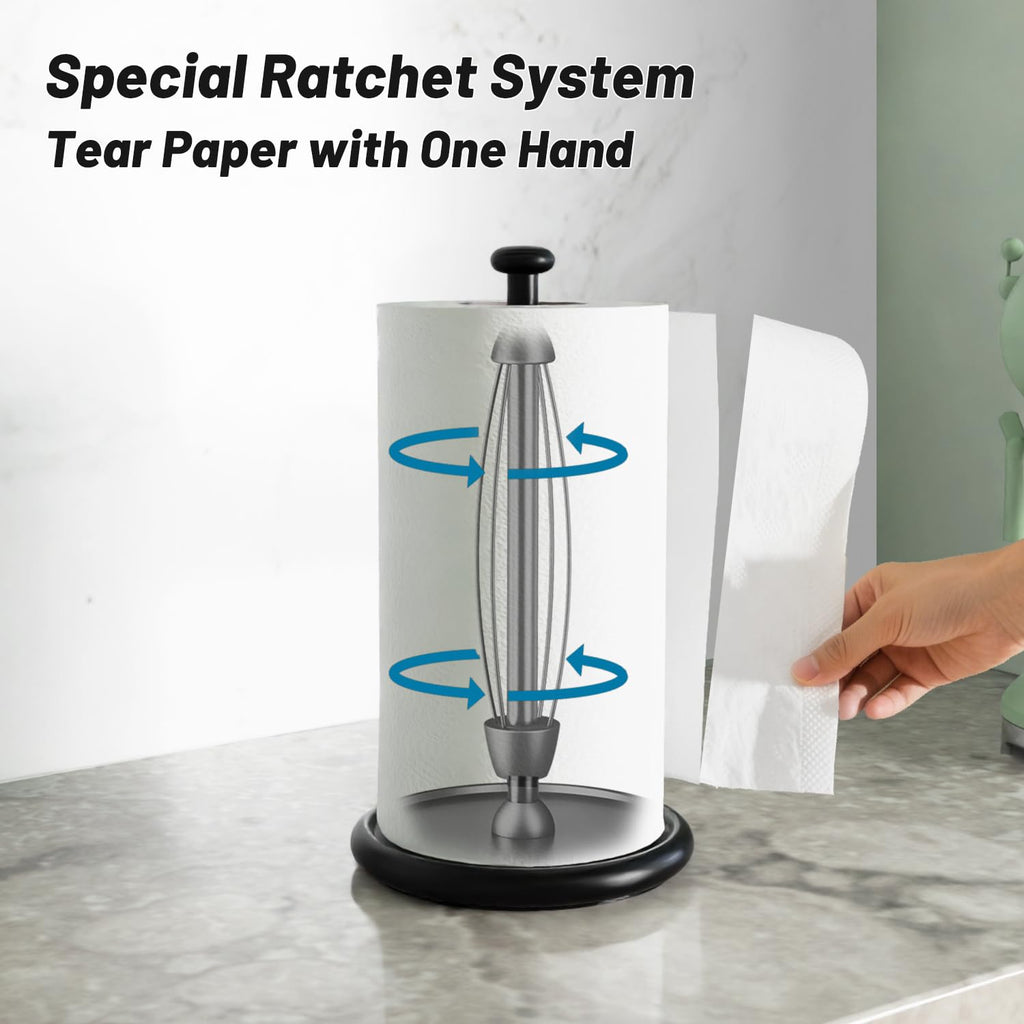 VEHHE Paper Towel Holder Countertop, One-Handed Tear Paper, Weighted Base with EVA Non-Slip Pad, Stainless Steel, Kitchen Towel Holder Stand with Ratchet Mechanism for Kitchen Bathroom Black