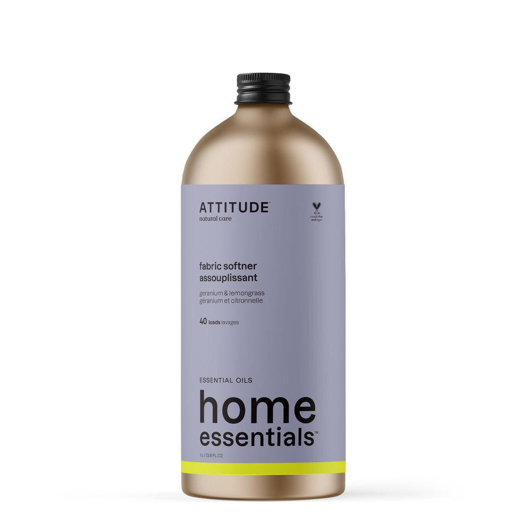 ATTITUDE Fabric Softener with Essential Oils, Made in Canada, Vegan, Plant and Mineral-Based Ingredients, HE, Refillable Aluminum Bottle, 40 Loads, Geranium and Lemongrass, 1 Liter