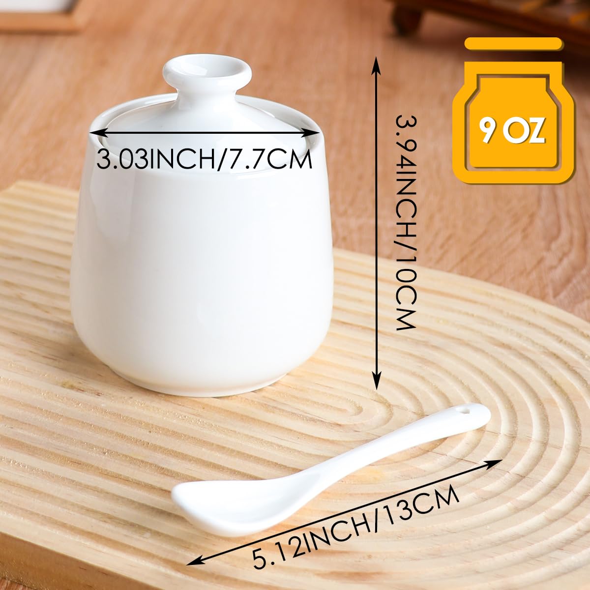 Ceramic Sugar Bowl with Lid and Spoon, Porcelain Salt Storage Jar, White Seasoning Container for Home and Kitchen, 9 Ounces (White)