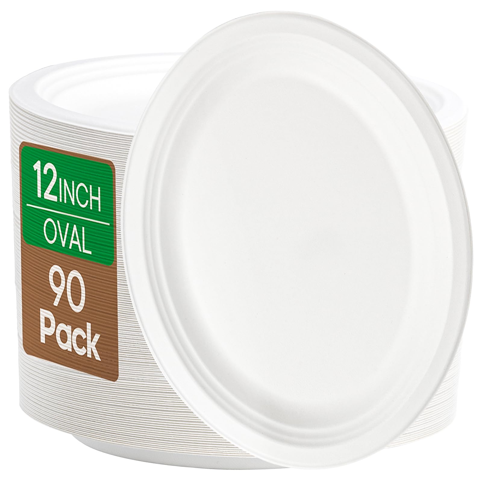 Elsjoy 90 Pack 12.5 Inch Compostable Oval Paper Plates, Large Disposable Dinner Plates, Heavy Duty Paper Platters for Restaurants, BBQ, Parties, Microwave Safe