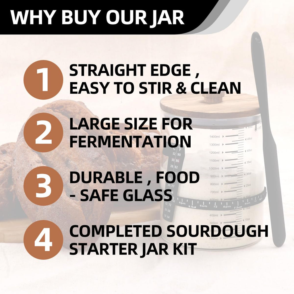 50oz Sourdough Starter Jar Kit with Glass Jar Black Silicone Scraper Feeding Date Marked Band and Thermometer Silicone Spoon Sourdough Bread Baking Supply