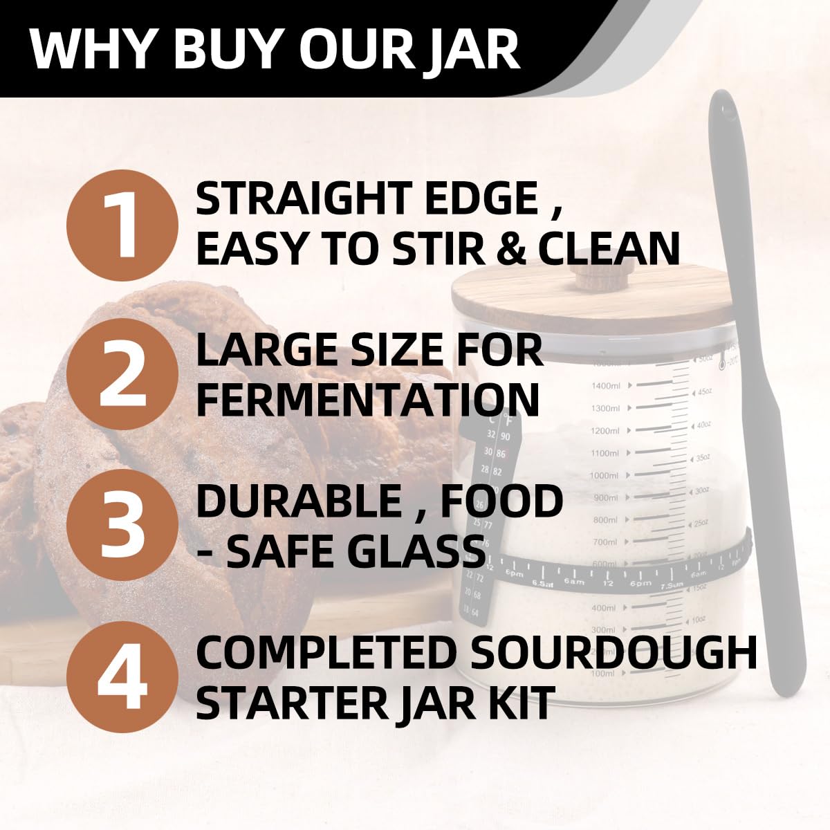 50oz Sourdough Starter Jar Kit with Glass Jar Black Silicone Scraper Feeding Date Marked Band and Thermometer Silicone Spoon Sourdough Bread Baking Supply