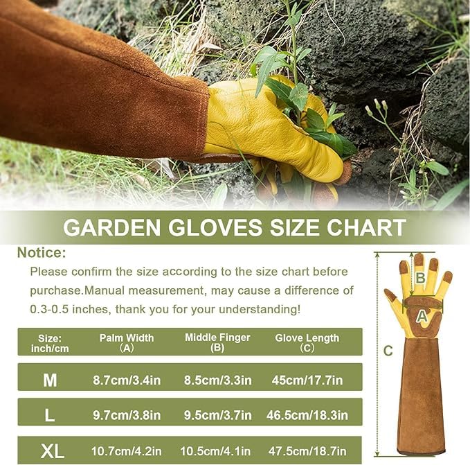 Long Gardening Gloves for Women Thorn Proof,Rose Pruning Cowhide Leather Garden Glove for Work,Cactus, Rose, Blackberry and Gifts (Yellow brown, Medium)