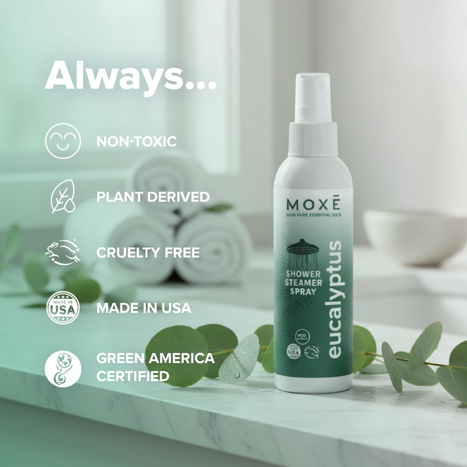 MOXE Shower Mist, Spa Steam Spray, Certified Natural Essential Oils, Aromatherapy, Tension Relief (Eucalyptus, 118 ml (Pack of 1))