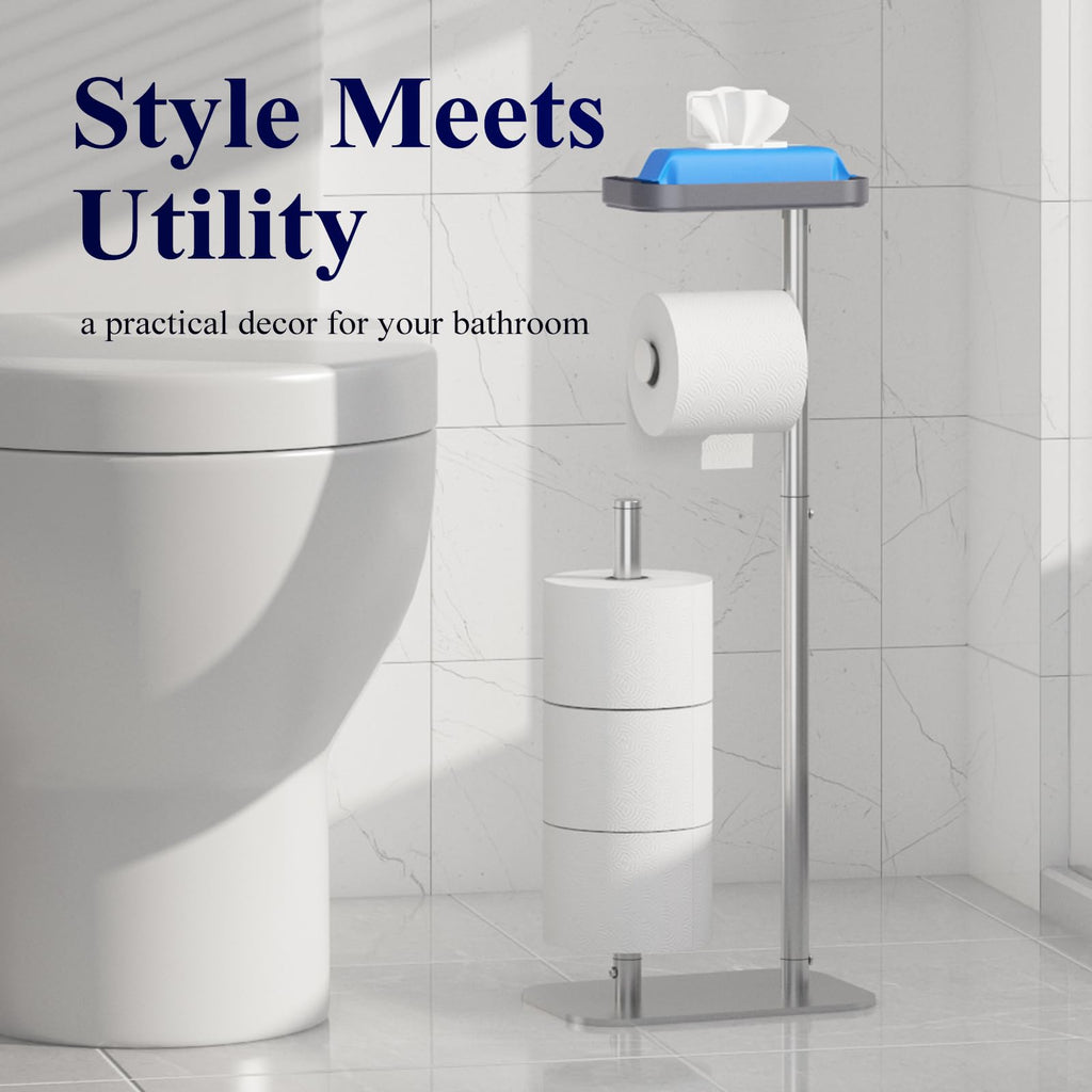 Kitsure Toilet Paper Roll Holder Free Standing – Rustproof Metal Toilet Paper Stand for 4 Rolls with Anti-Slip Base and Shelf for Phone & Small Items, Silver, 63.0 x 23.5 x 15.0 cm