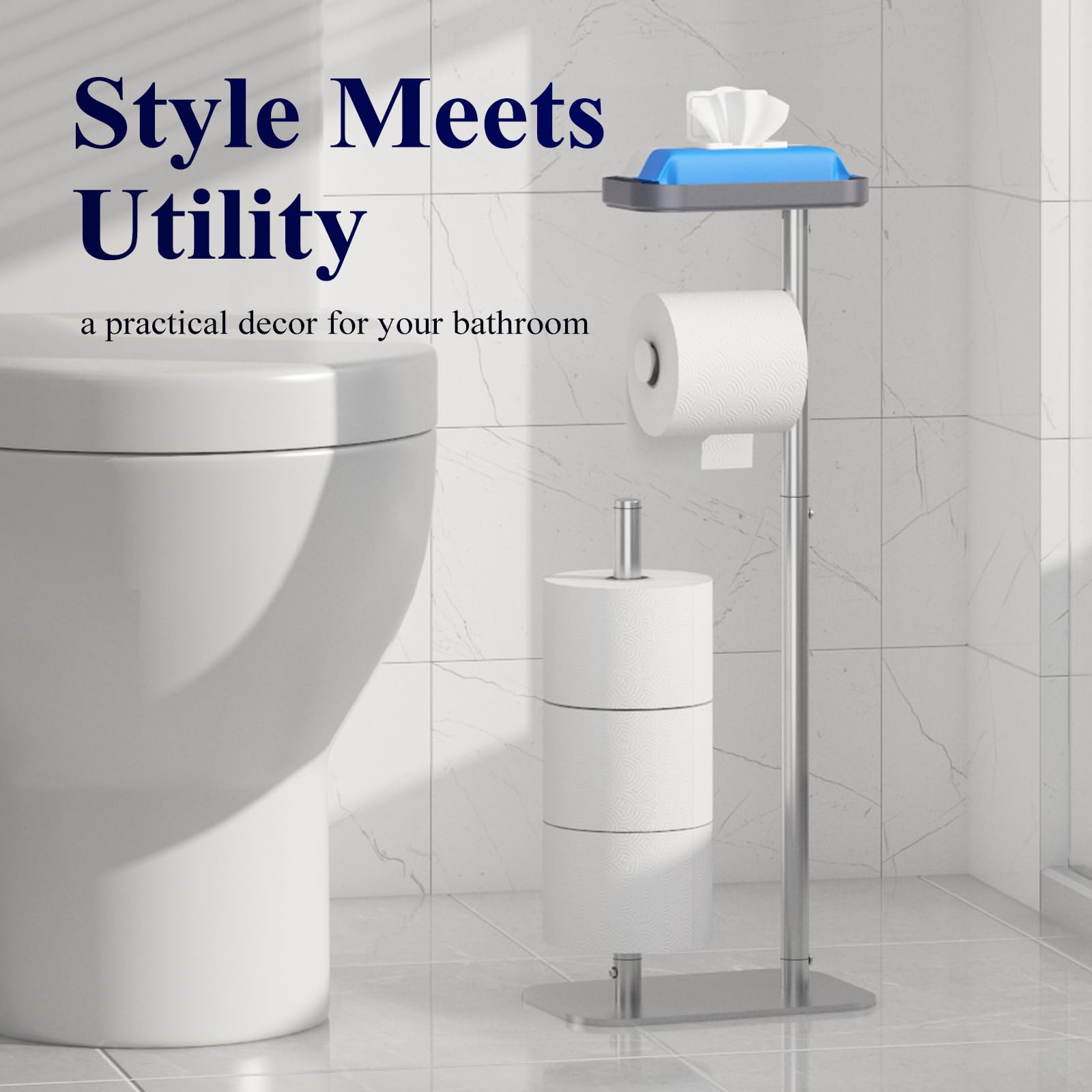 Kitsure Toilet Paper Roll Holder Free Standing – Rustproof Metal Toilet Paper Stand for 4 Rolls with Anti-Slip Base and Shelf for Phone & Small Items, Silver, 63.0 x 23.5 x 15.0 cm