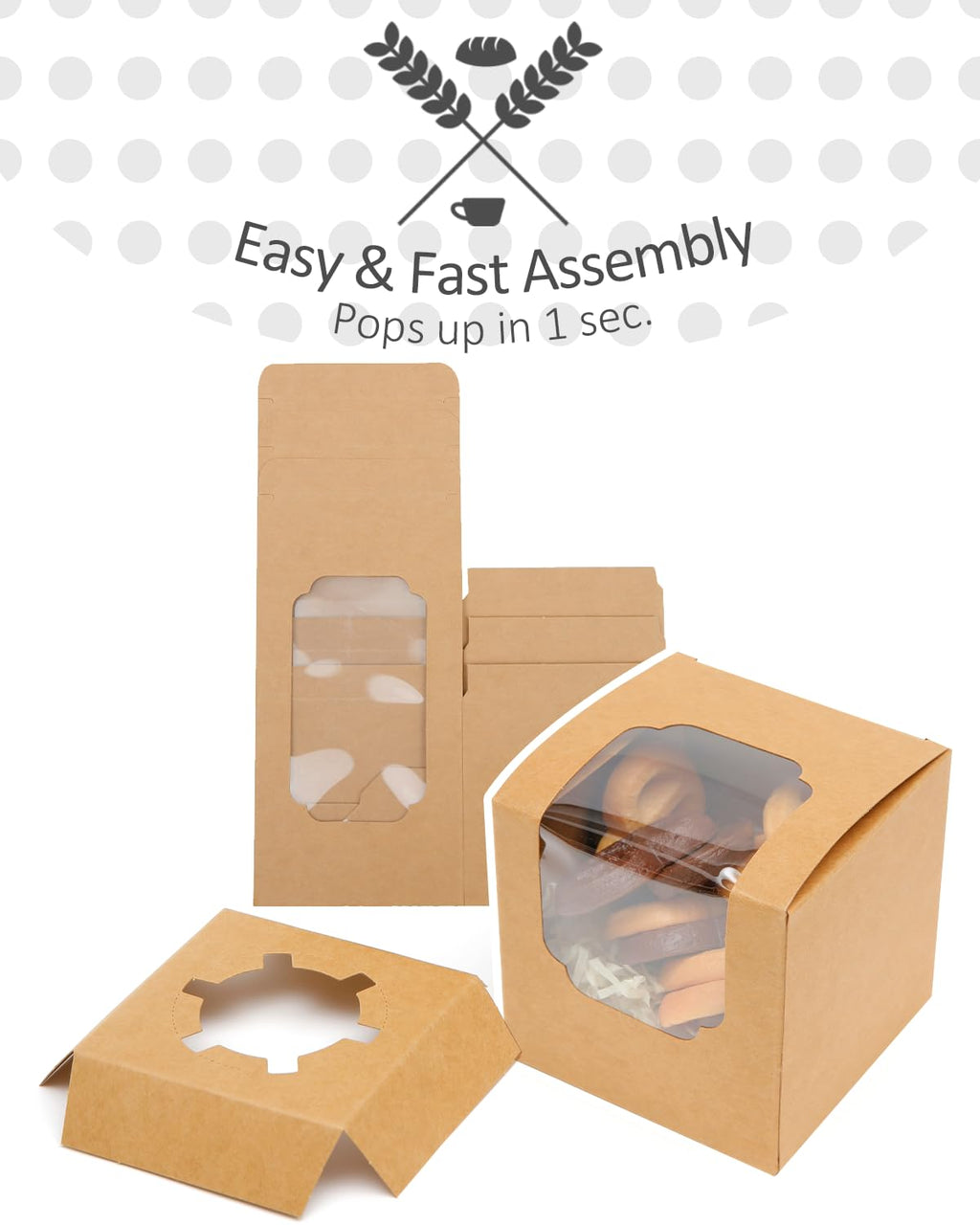 qiqee Brown Cupcake Boxes Individual Cupcake Container 100pcs 3.5" x 3.5" x 3.5" Auto-Pop up Single Cupcake Boxes (100 Boxes+100 Inserts)