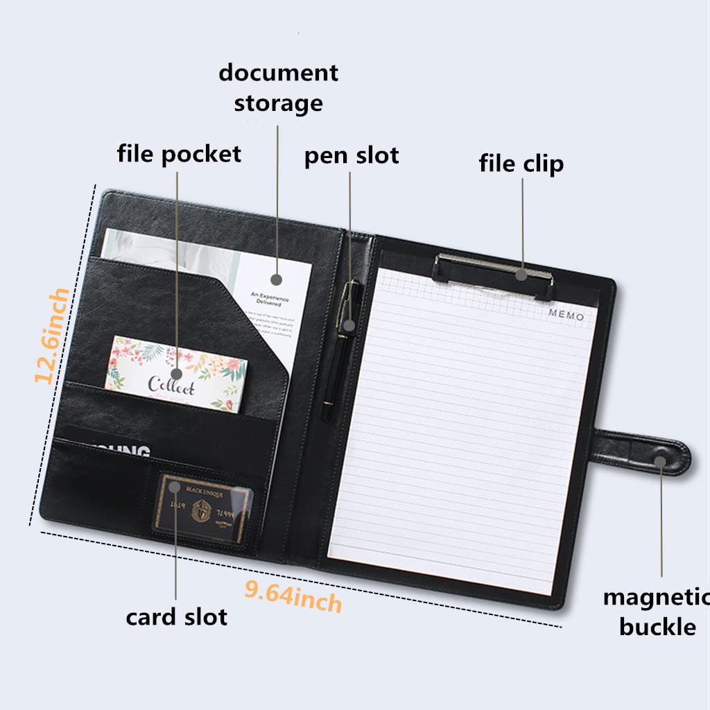 Business Portfolio Leather Padfolio Organizer, A4 Magnetic Multifunctional Business Portfolio Folder with Clipboard, Card Holders Pockets, Notepad Document Binder for Women Men