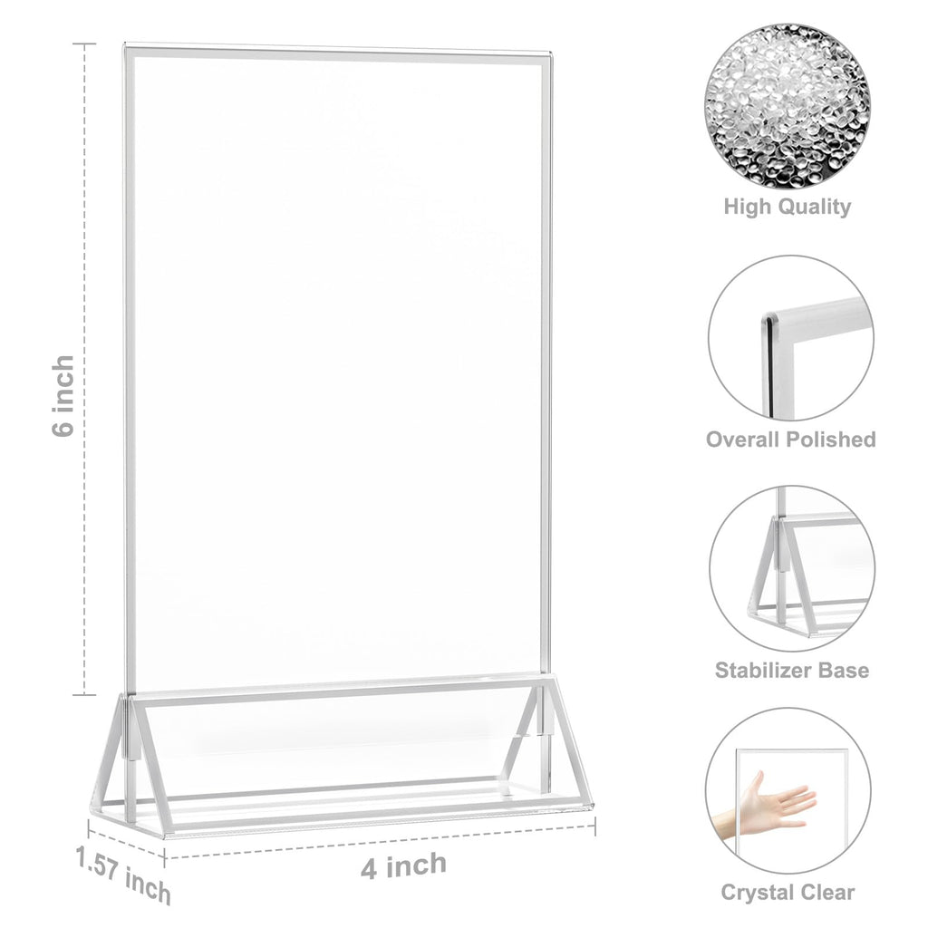 EHWINE 12 Pack Acrylic Sign Holder 4 x 6, Double Sided Silver Picture Frame Stand up Table Top Sign Holders, Clear Display Stand Menu Flyer Holder for Wedding Party(Provide Non-slip Mats)