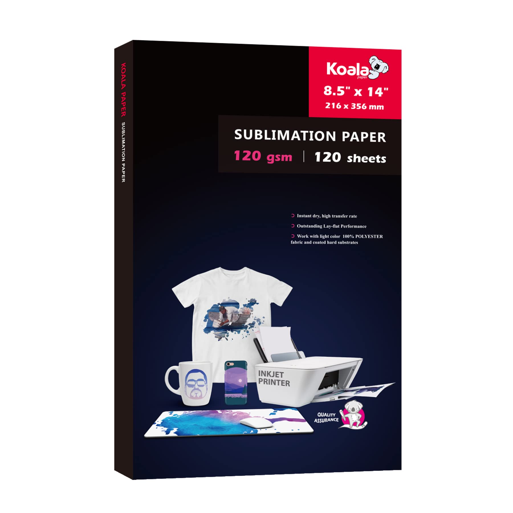 Koala Sublimation Paper 8.5X14 inches 120gsm 120 Sheets for Personalize Your Gift Compatible with Inkjet Printer Sublimation Ink