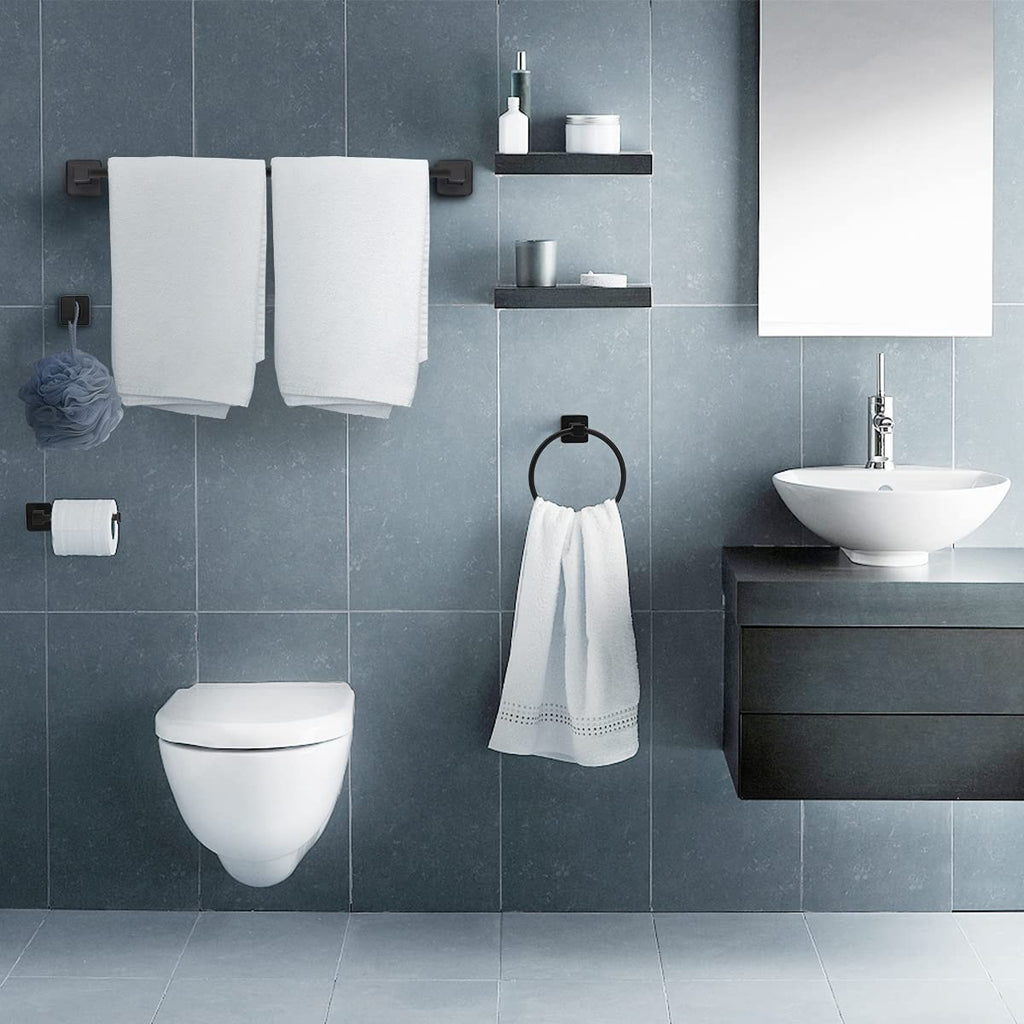 DEGULAS Bathroom Hardware Set 4 Pieces, Matte Black Towel Bar Set, Includes 24In Towel Bar, Towel Ring, Robe Towel Hooks,Toilet Paper Holder, Bathroom Towel Rack Set