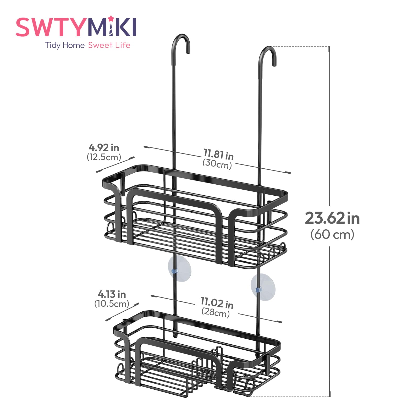 SWTYMIKI Shower Caddy Hanging - Over the Door Shower Caddy with Soap Holder, 11 Hooks, 2 Installation Ways, Stainless Steel Rustproof Shower Shelves, Black