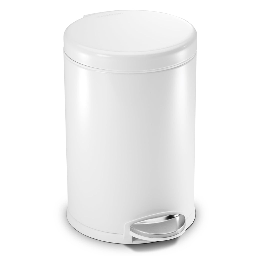 simplehuman 4.5 Liter / 1.2 Gallon Compact Stainless Steel Round Bathroom Step Trash Can, White Stainless Steel