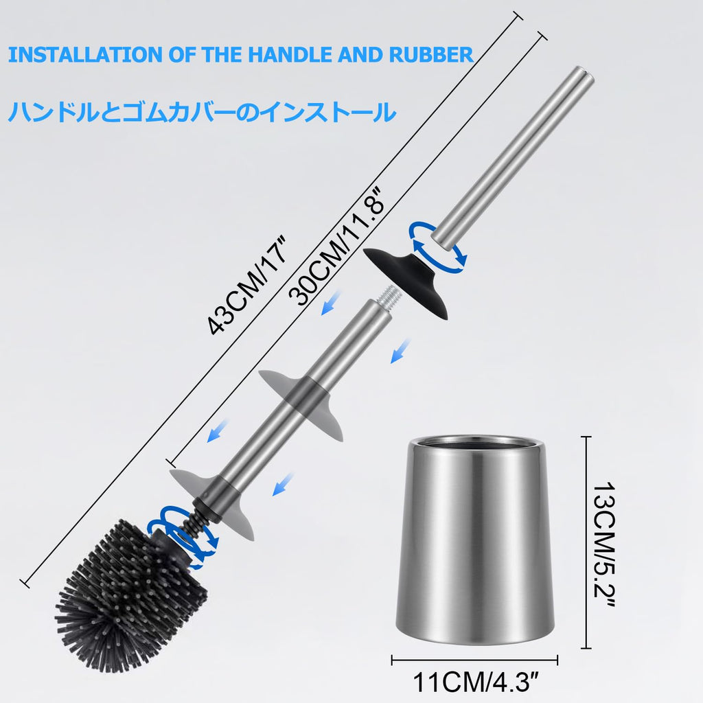 SOPRANNOMIN SUS304 Stainless Steel Toilet Brush and Holder Silicone Head TPE Soft Head Brosse Toilette Cleaning Brush for Bowl Bathroom Cleaning Brush Set Brosse de Toilette Brushed Silver
