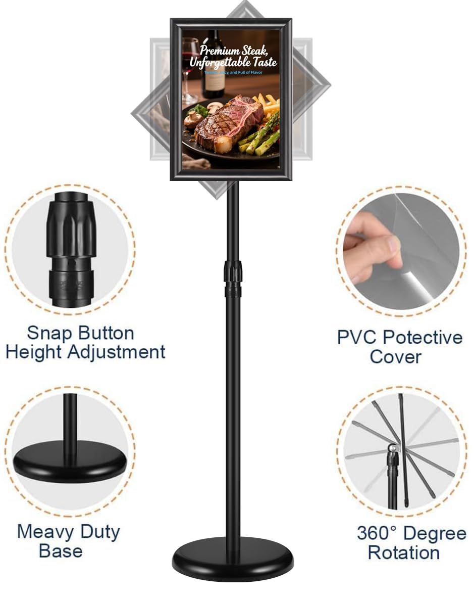 SWOK 8.5 x 11 Inch Adjustable Sign Holder, Pedestal Poster Stand, Heavy-Duty Floor Standing Sign Holder with Round Base, Vertical and Horizontal View Sign Displayed for Display, Advertising, and Outdoor Use