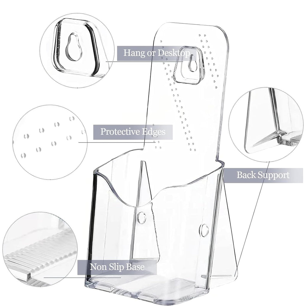 MYLEUS 4Pcs Acrylic Brochure Holder with 4 Business Card Holder, Office Tabletop Wall Mount Organizer, Brochure Display Stand, Trifold Holder Stand, Menu,Booklet, Literature, Display for Countertop