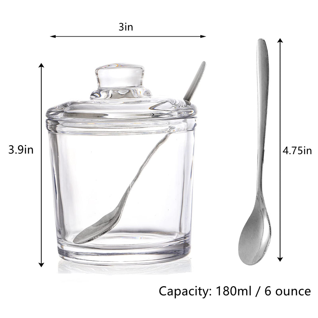 Frcctre Set of 2 Clear Glass Sugar Bowl, 6 Ounces Sugar Jar with Spoon and Lid, Salt Spice Pepper Bowl Seasoning Jar Condiment Pots Dispenser Container for Home Kitchen Restaurant Coffee Bar