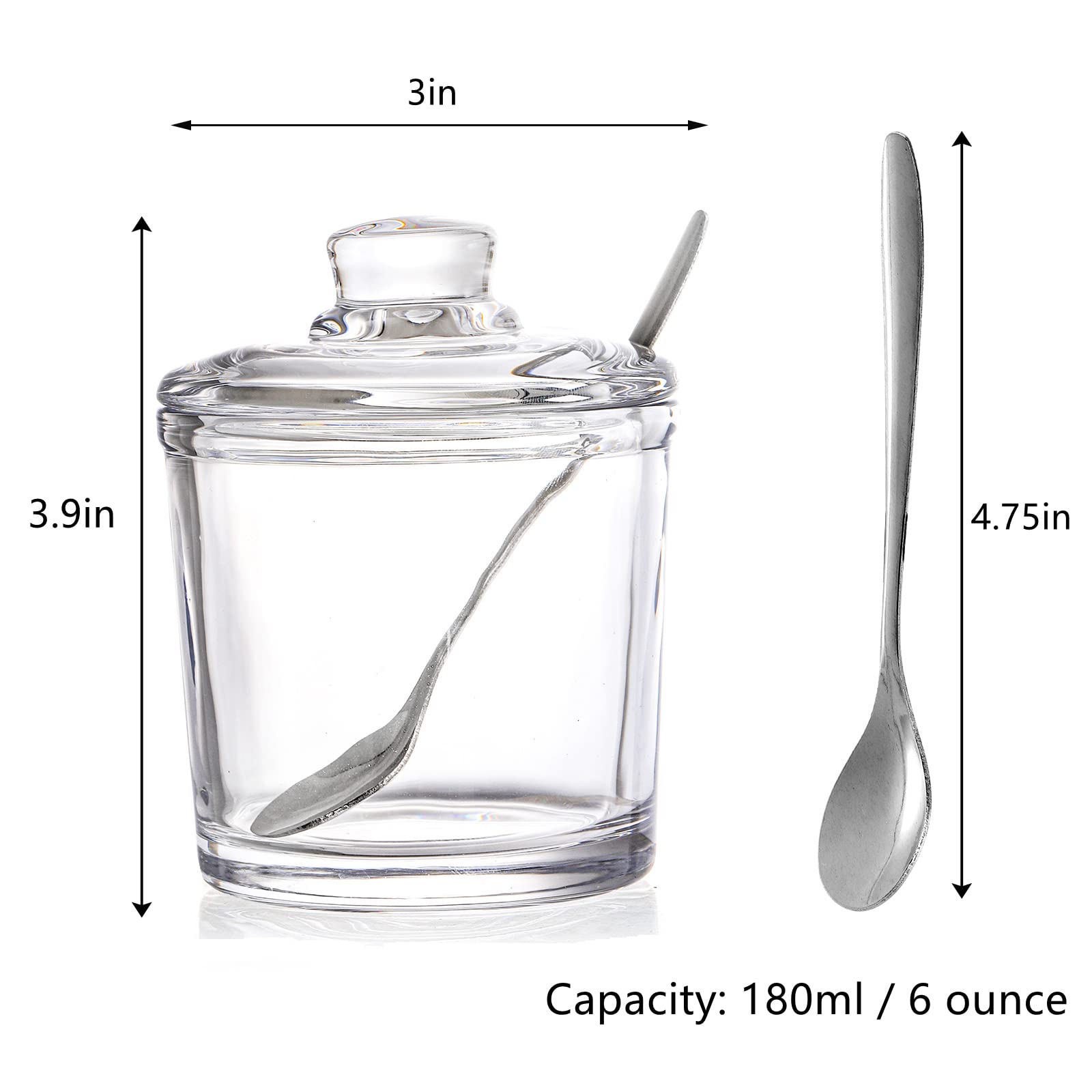 Frcctre Set of 2 Clear Glass Sugar Bowl, 6 Ounces Sugar Jar with Spoon and Lid, Salt Spice Pepper Bowl Seasoning Jar Condiment Pots Dispenser Container for Home Kitchen Restaurant Coffee Bar