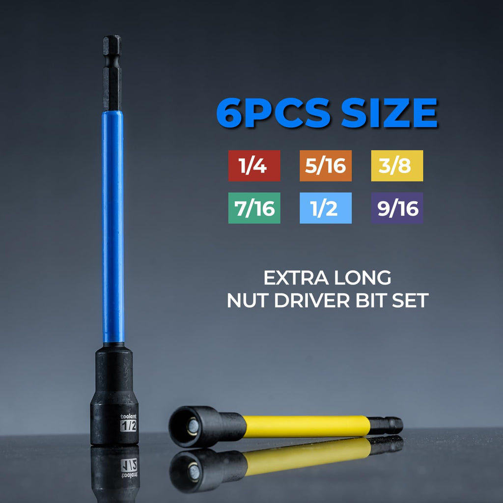 toolant Extra Long Nut Driver Bit Set, 6PCS SAE Magnetic Nut Driver Set 1/4''~9/16'' Nut Driver, 1/4'' Quick Change