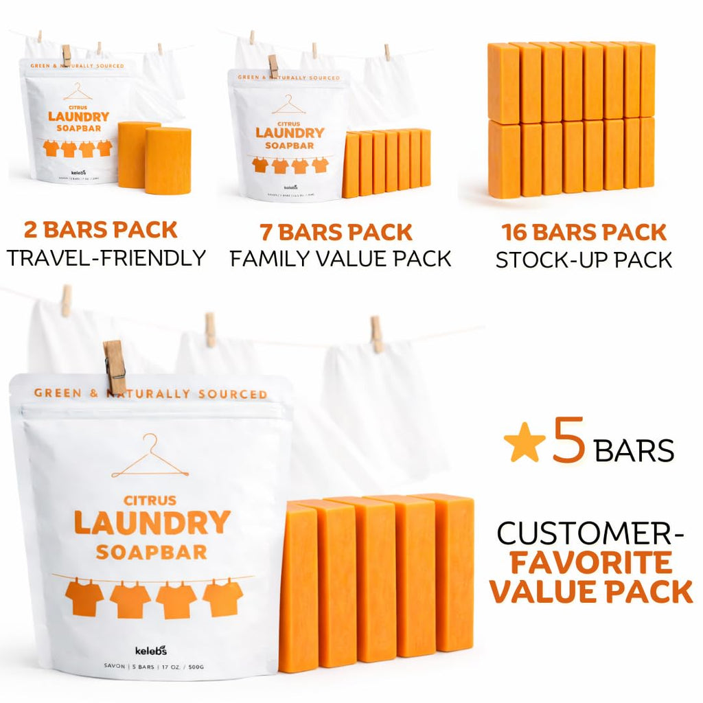 KELEBS Laundry Soap Bar - Natural Citrus Formula with Organic Ingredients - Stain Remover for Delicate Clothes, Underwear, Collar - 2 Bars | Aluminum Packaging