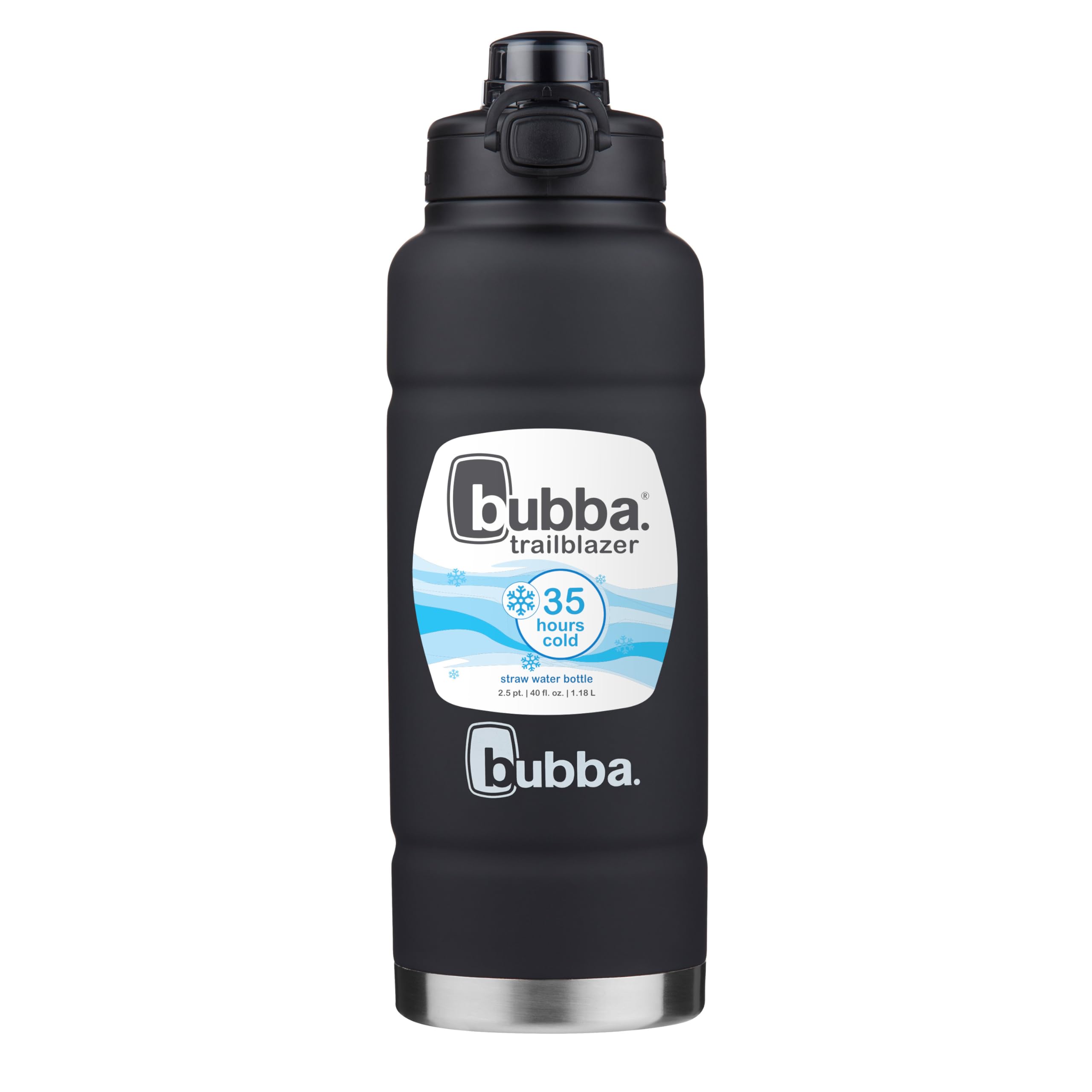 bubba Trailblazer Stainless Steel Water Bottle with Push Button Lid, 40 oz (1.18 L), Vacuum-Insulated, Rubberized Licorice