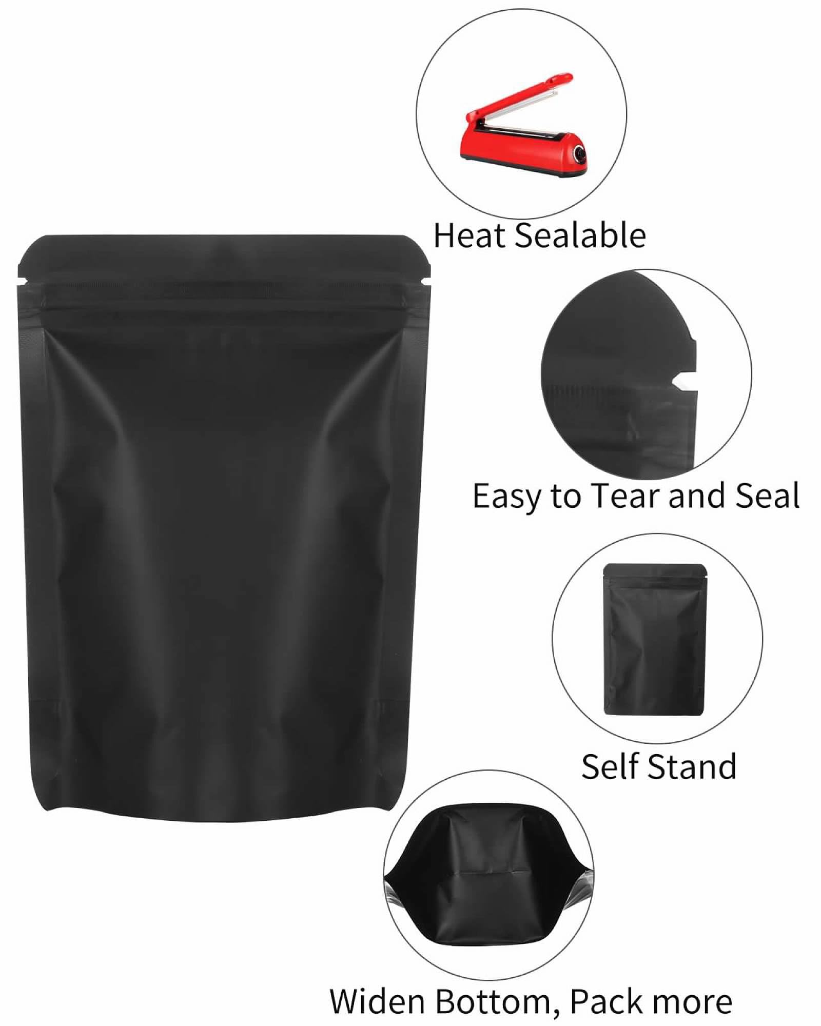 200 Pieces Resealable Mylar Bags Stand Up Foil Pouch for Zip Aluminium Foil Lock Food Storage Packaging Airtight Zipper Pouches, Black, 5.5x7.9 inch, Self Stand