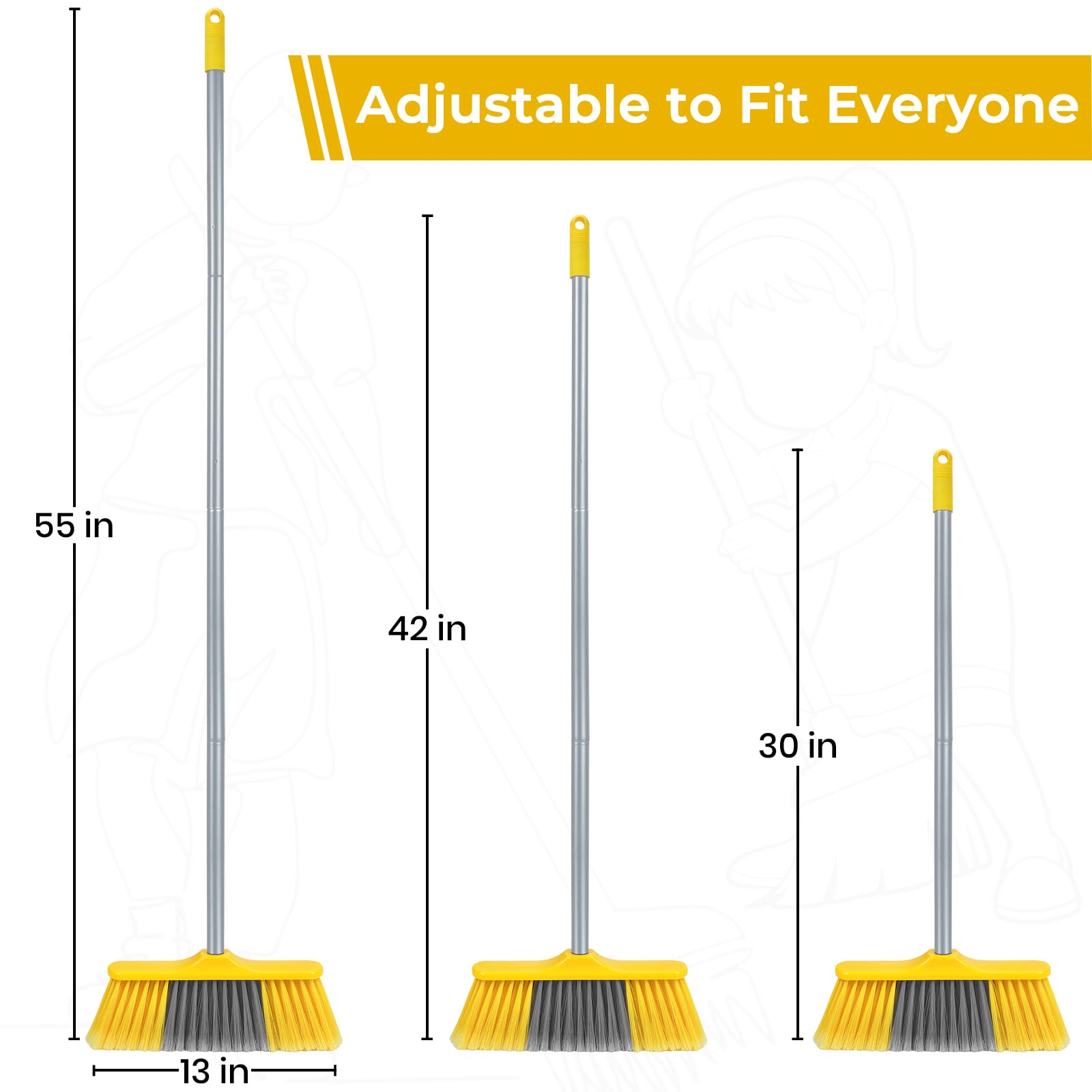 Indoor Broom for Floors 55” Soft Bristle Brooms for Sweeping Indoor/Outdoor to Clean Kitchen, Lobby, Office, Hardwood, Tile, Concrete, Patio, Deck-Yellow