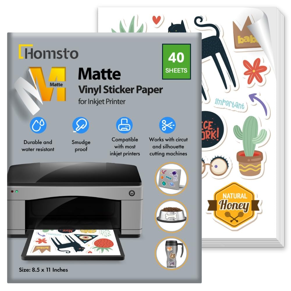 Vinyl Sticker Paper, Matte Printable Sticker Paper for Inkjet Printer, Quick Drying, Water Resistant, Scratch Resistant, Sticks to Most Surfaces, 8.5 x 11 Inches, 40 Sheets