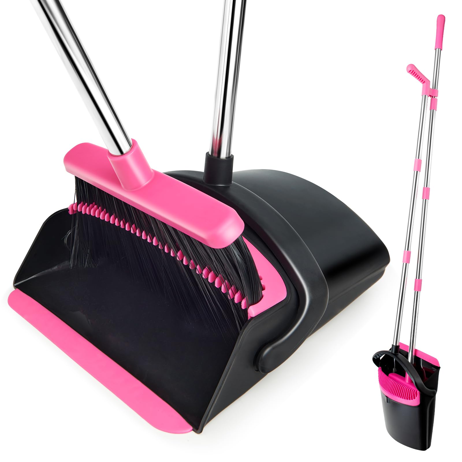 XXFLOWER Broom and Dustpan Set, Dustpans with 51 Inch Broom Combo with Long Handle for Home Kitchen Room Office Indoor Floor Cleaning(Black-Pink)