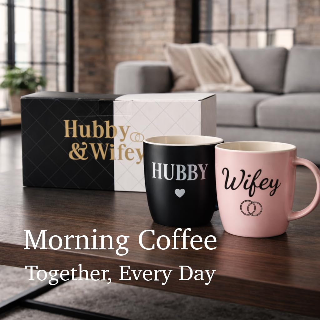 Triple Gifffted Hubby and Wifey Coffee Mugs Set, Mr and Mrs Couples Gift for Wedding, Anniversary, Engagement, Valentines, Christmas Day, His Hers Present for Husband Wife, Newlyweds, 13oz Ceramic