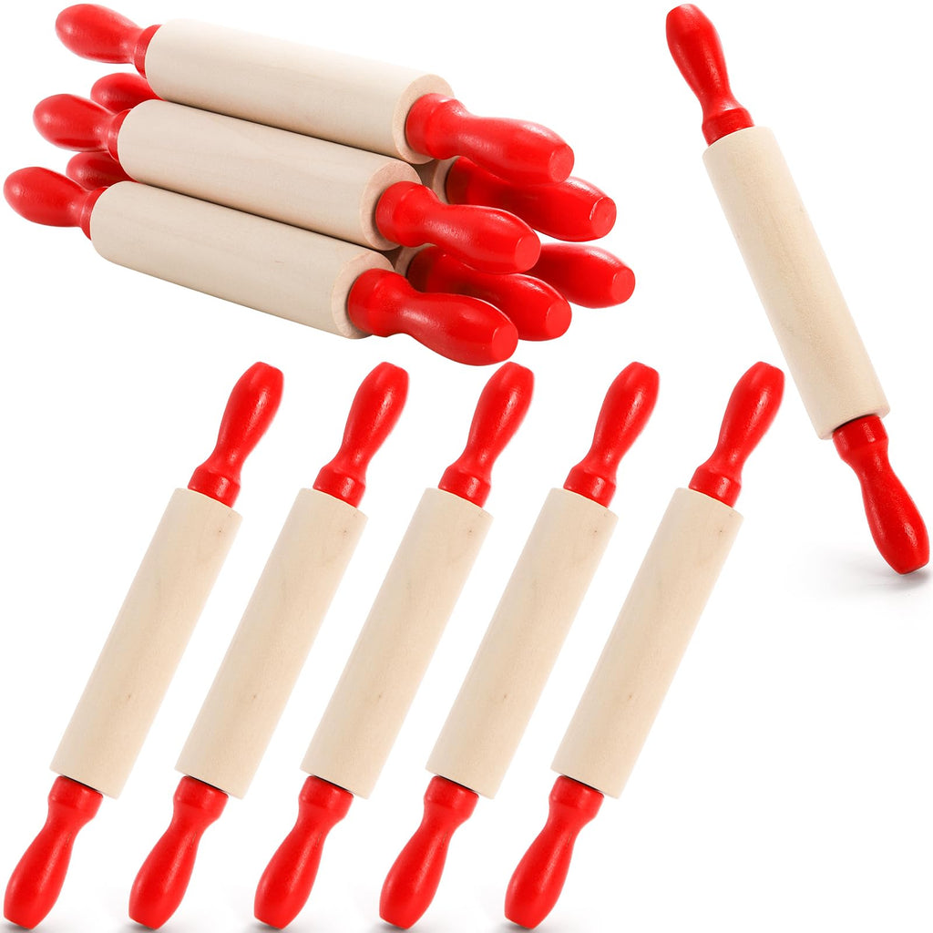 SOUJOY Set of 12 Mini Rolling Pin, 8 Inch Wood Dough Roller for Baking with Red Handle, Small Clay Rolling Pin for Craft Fondant Pastry Pizza Crafting and Imaginative Play
