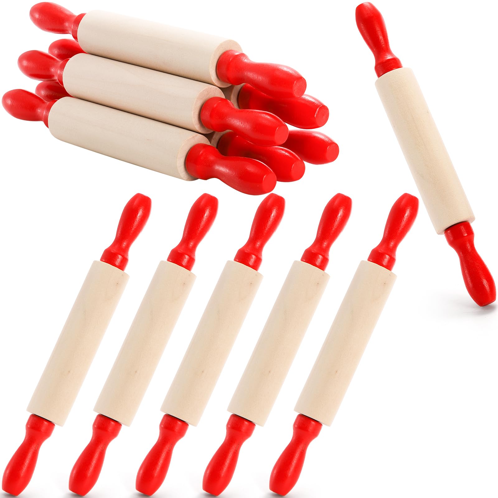 SOUJOY Set of 12 Mini Rolling Pin, 8 Inch Wood Dough Roller for Baking with Red Handle, Small Clay Rolling Pin for Craft Fondant Pastry Pizza Crafting and Imaginative Play