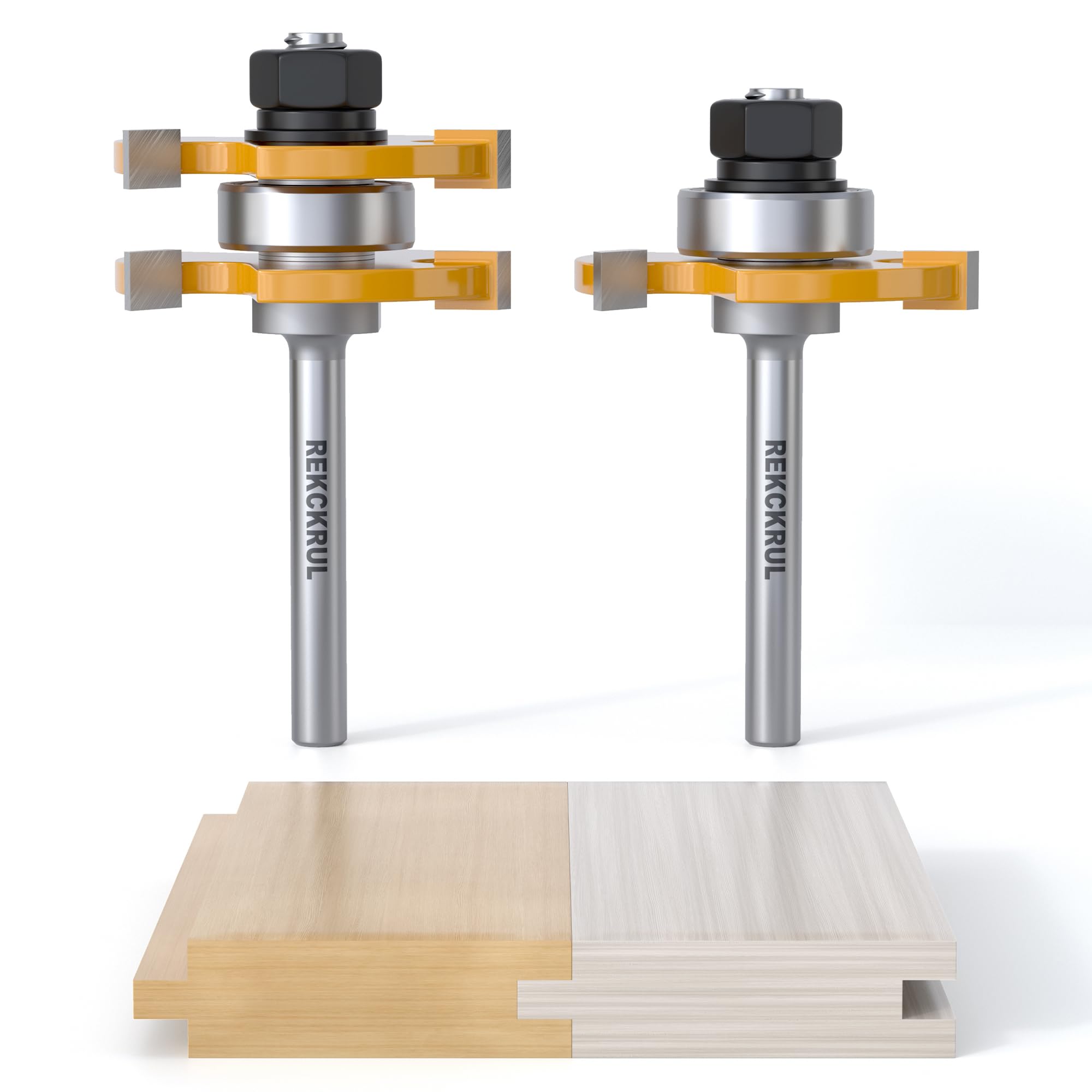 REKCKRUL 2 PCS Tongue and Groove Router Bit Set, 1/4 Inch Shank, 3 Teeth Adjustable T-Shape Wood Milling Cutter for Cabinets, Flooring, and Woodworking