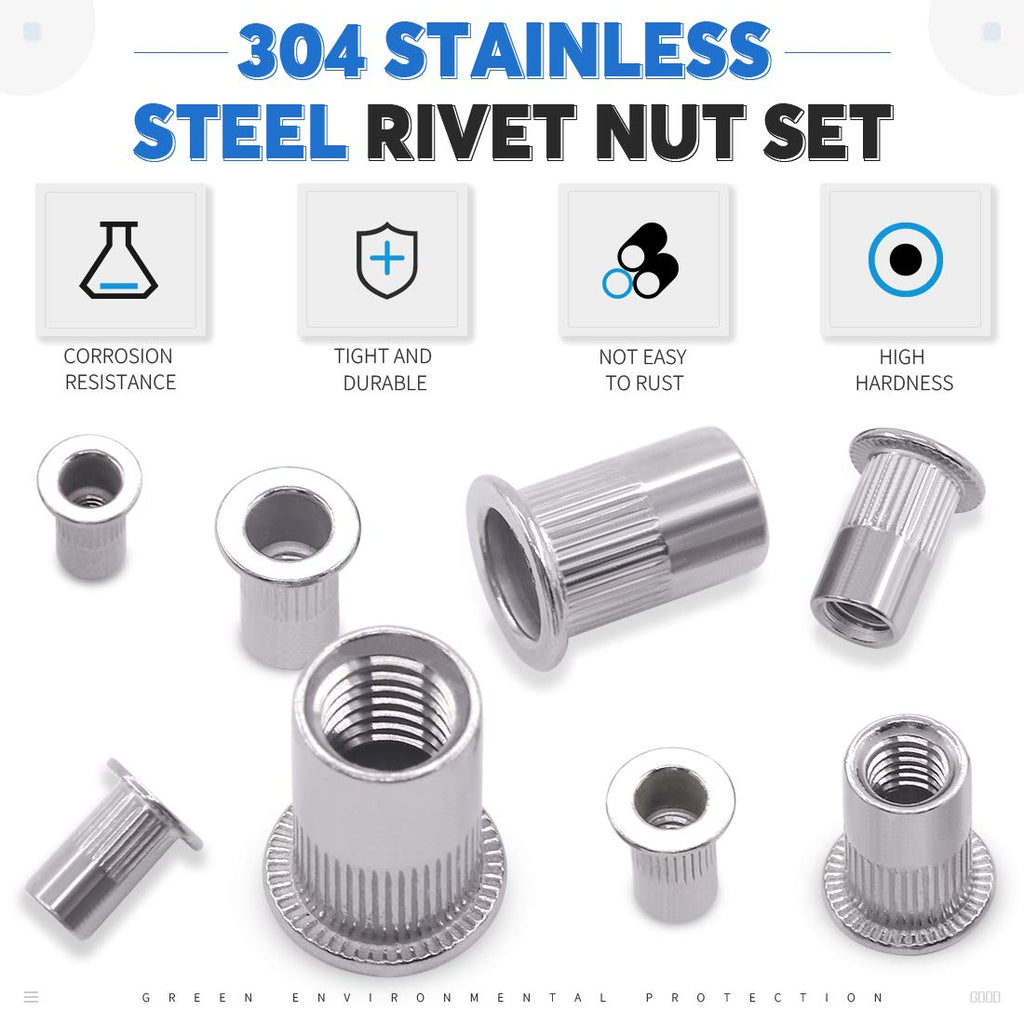 Glarks 180Pcs 304 Stainless Steel Flat Head Threaded Rivetnut Insert Nutsert Rivet Nut Assortment Kit - M3 M4 M5 M6 M8 M10