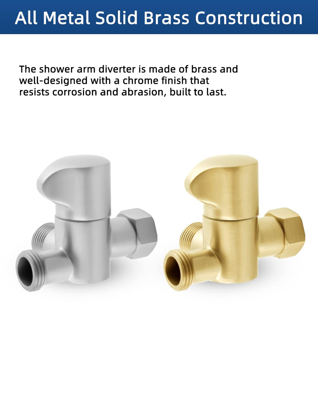 Hibbent All Metal Solid Brass Shower Arm 3-Way Diverter Valve for Hand Shower and Fixed Shower Head, G1/2'' Shower Arm T Adapter, Bathroom Universal Shower System Replacement Part, Chrome