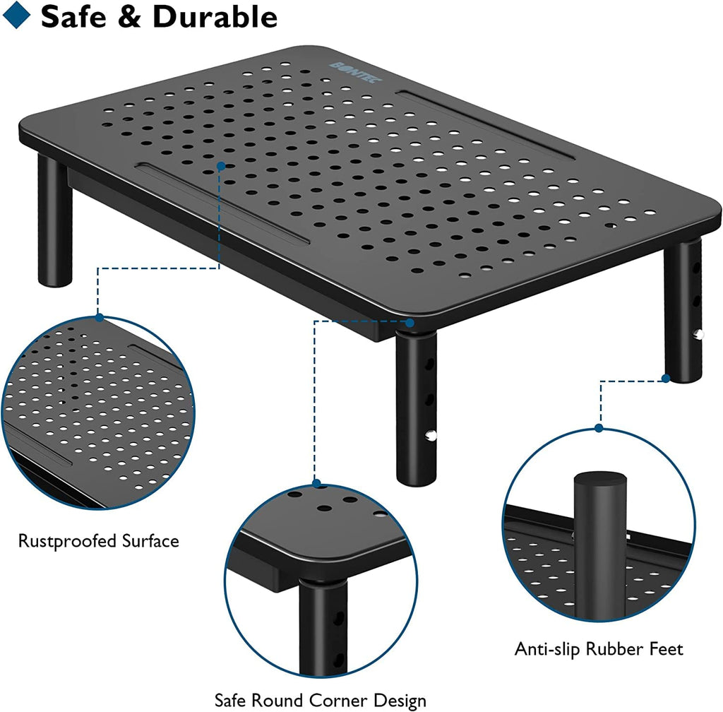 BONTEC 2 Pack Monitor Stand Riser, 3 Height Adjustable Monitor Stand for Desk, Computer Monitor Riser Stand with Mesh Platform for Laptop, Computer, iMac, PC (Black, 2 Pack with Storage)